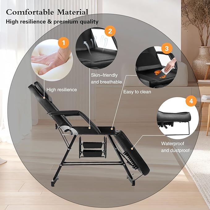 Tattoo Chair Adjustable,Facial Chair Multipurpose 73 Inch Spa Facial Bed with Massage Equipment Stool for Beauty Spa Tattoo, Black