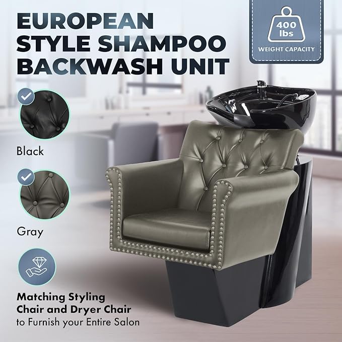 Buy-Rite Chelsea Shampoo Backwash Station - Gray Tufted Chair & Tilting Porcelain Bowl, Brass Nailhead Trim, Removable Cushion, Full Hardware Kit - NIN-9902BW-GRY