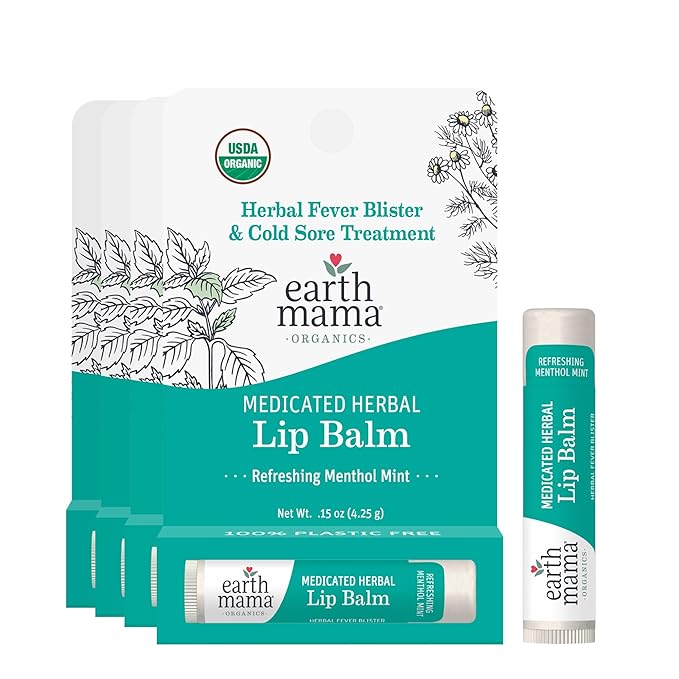 Earth Mama Medicated Lip Balm Set | Medicated Herbal Mint 4-Pack | Organic Lip Balm with Menthol for Fever Blister & Cold Sore