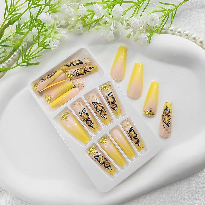 Extra Long Coffin Glue on Nails French Tip Press on Nails Long Yellow Gradient False Nails with Rhinestones Glitter Design Cute Butterfly Fake Nails Glossy Acrylic Nails Press ons for Girls 24Pcs