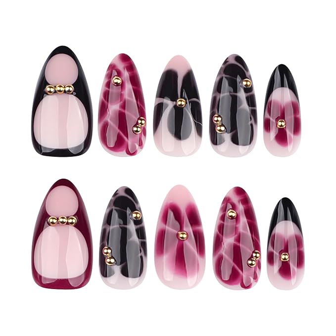 French Press On Nails Short Almond Shape, Fall Fake Nails Adorned with Black and Burgundy Petal Accents, 3D Design, Glossy Gel Finish Acrylic Nails, Natural Reusable Glue On Nails for Women