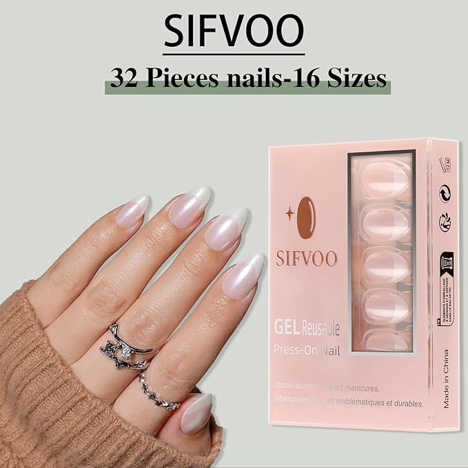 French Tip Press on Nails, Short White Press on Nails Almond Reusable Glossy Laser White Nails Soft Gel False Nails Press ons for Women, 16 Sizes 32 Count Nails Kit with Glue (SV-04)