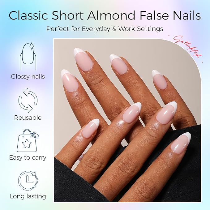 Press on Nails Kit 576 Pcs 24 Colors, Short Almond Glossy French Color Nail Tips with Nail Glue & Nail Tabs Stickers,Natural Fit Lightweight Nail Art for Women Girls