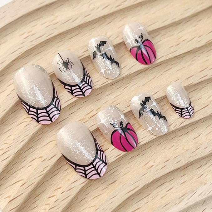 Short Almond Press on Nails Halloween Fake Nails French Tips False Nails Black Spider Bat White Glitter Pumpkin Design Spider Web Full Cover Stick on Nails for Women Decoration Holiday Nail