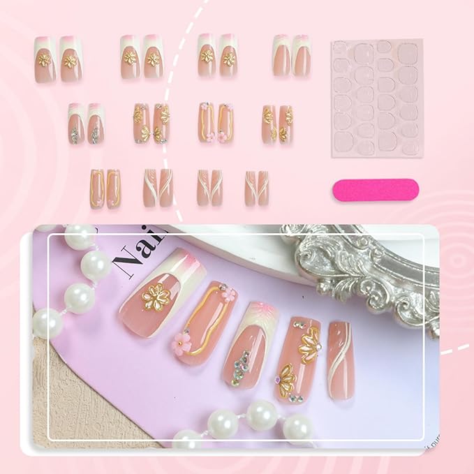 Long Press on Nails Square Fake Nails Pink Artificial Nail Flowers Stick on Nail for Women 24pcs