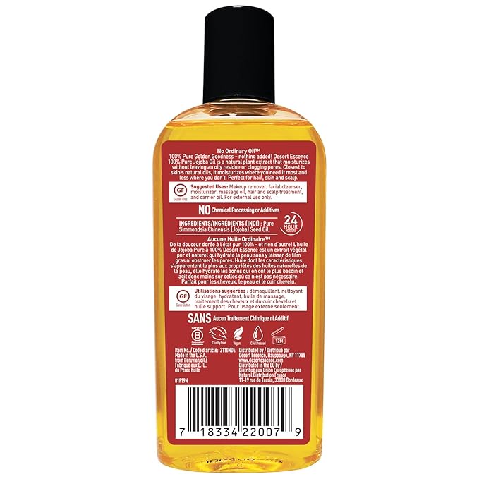 Desert Essence 100% Pure Jojoba Oil – 4 Fl Oz Moisturizer for Hair, Skin & Scalp | Makeup Remover & Aftershave Hydrator, Non-GMO, Vegan, Cold-Pressed, Anti-Flakiness & Non-Clogging Beauty Elixir
