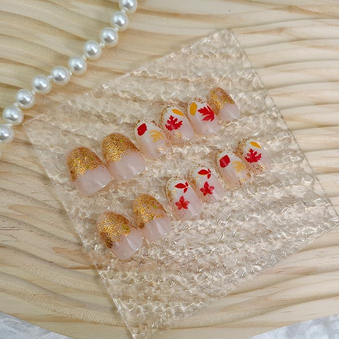 24Pcs Autumn Press on Nails Short Almond Fall Fake Nails Gold Glitter False Nail Maple Leaves Glue on Nails Full Cover Reusable Artificial Stick on Nail for Women DIY Thanksgiving Manicure