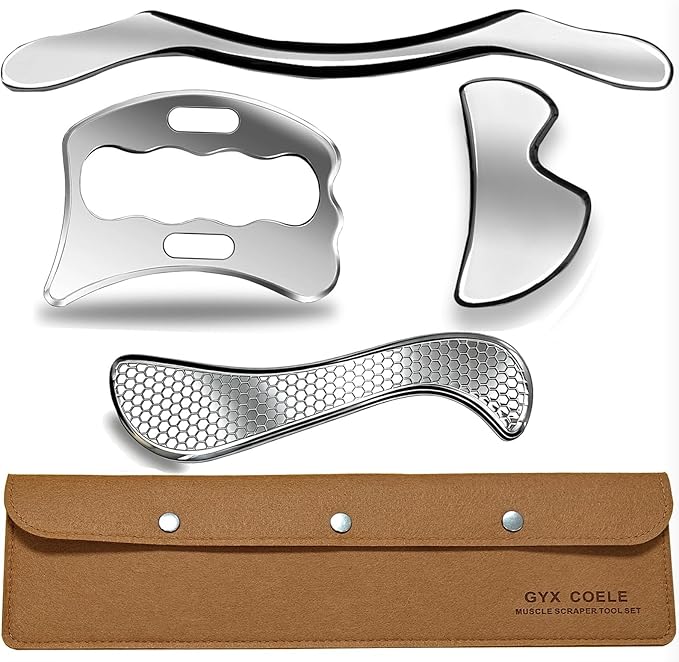 4 in 1 Stainless Steel Muscle Scraper Tool Set, IASTM Physical Therapy Massage Tools, Gua Sha Massage Scraping Tool with Storage Case