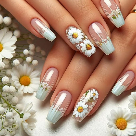 Flower Press on Nails Medium Ballet Shaped White Daisy Pattern Design French Tip Press Ons Stick on Nail Full Cover Artificial Spring Summer False Nail Acrylic Glue on Nails for Women 24Pcs