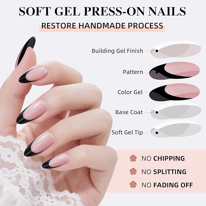 French Tip Press on Nails, Short Press on Nails Almond Reusable Glossy Soft Gel False Nails Black Press ons for Women, 16 Sizes 32 Count Nails Kit with Glue (SV-02)