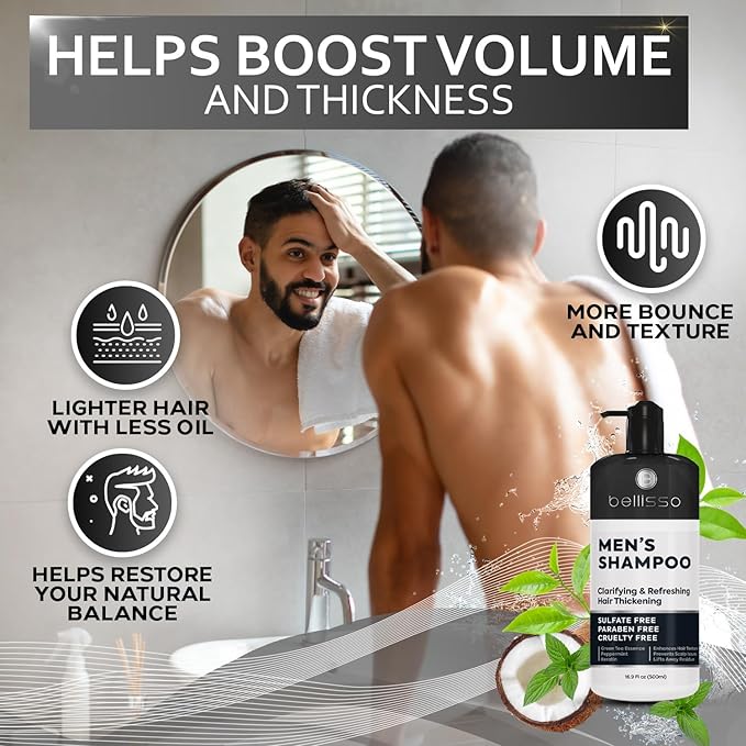 Shampoo for Men - Tea Tree Oil and Peppermint - Sulfate Free, Paraben Free - Clarifying, Refreshing, Volumizing & Moisturizing Hair Thickening Formula - Ideal for Oily Hair, Dry Scalps and Build Up