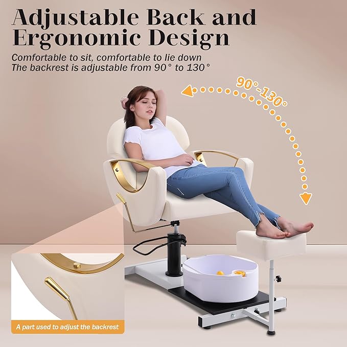 Pedicure Station No Plumbing, Hydraulic Pedicure Chair for Nail Tech, Height Adjustable Reclining Pedicure Station Unit, 360 Degree Swivel Foot Spa Chair with Massage Foot Bath (White-Golden)