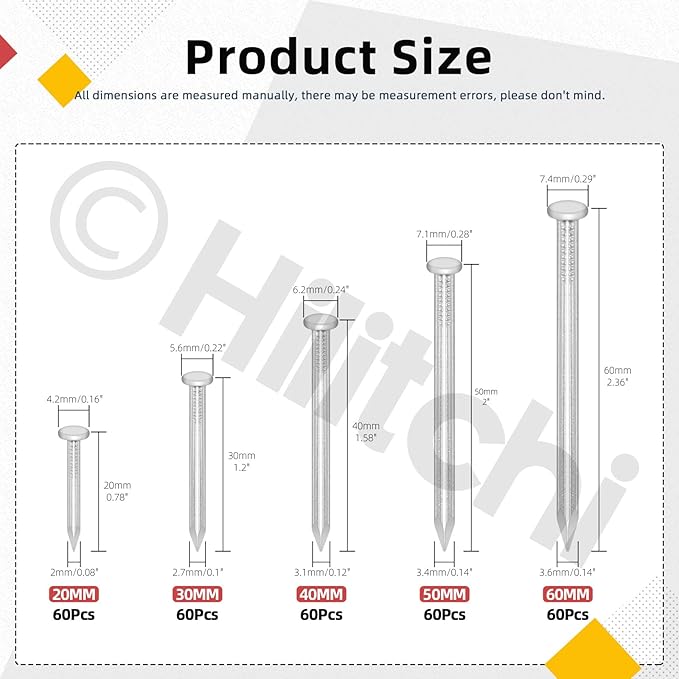 Hilitchi 301PCS 5 Sizes Brick Steel Nails Assortment Kit 0.78" 1.2" 1.58" 2" 2.36" Galvanized Concrete Wall Nail Cement Nails for Concrete Brick Drywall(White)
