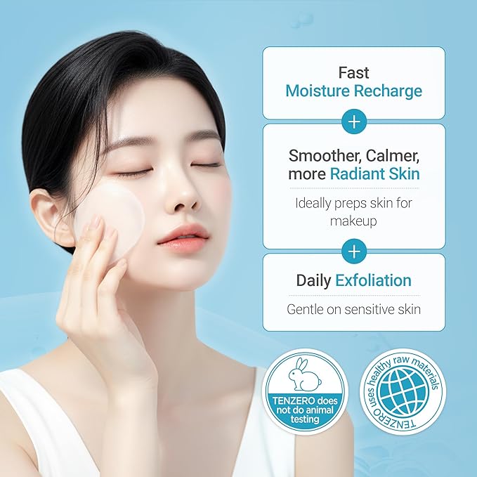 TENZERO Moisture Collagen Toner Pad (70 Count, 160g), 100% Natural Cotton, Hydrating Moisturizing Glowing Face Toner Pads, Gentle Exfoliate & Improve Elasticity, Korean Facial Toner, Dry & Dull Skin