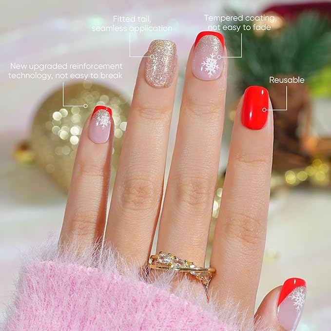 Christmas Press On Nails Short - Jofay Fashion French Tip Press On Nails, Acrylic Fake Nails with Snowflakes and Gold Glitter, Reusable False Nails Glue On Nails for Women 32Pcs in 16 Sizes