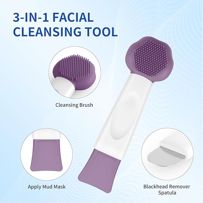 Silicone Face Scrubber, 3 in 1 Pore Brush Skin Scrubber Face Spatula with Face Mask Applicator Tool, Pore Cleaner, Blackhead Remover, Makeup Removal, Mud Mask, Body Lotion (Purple)