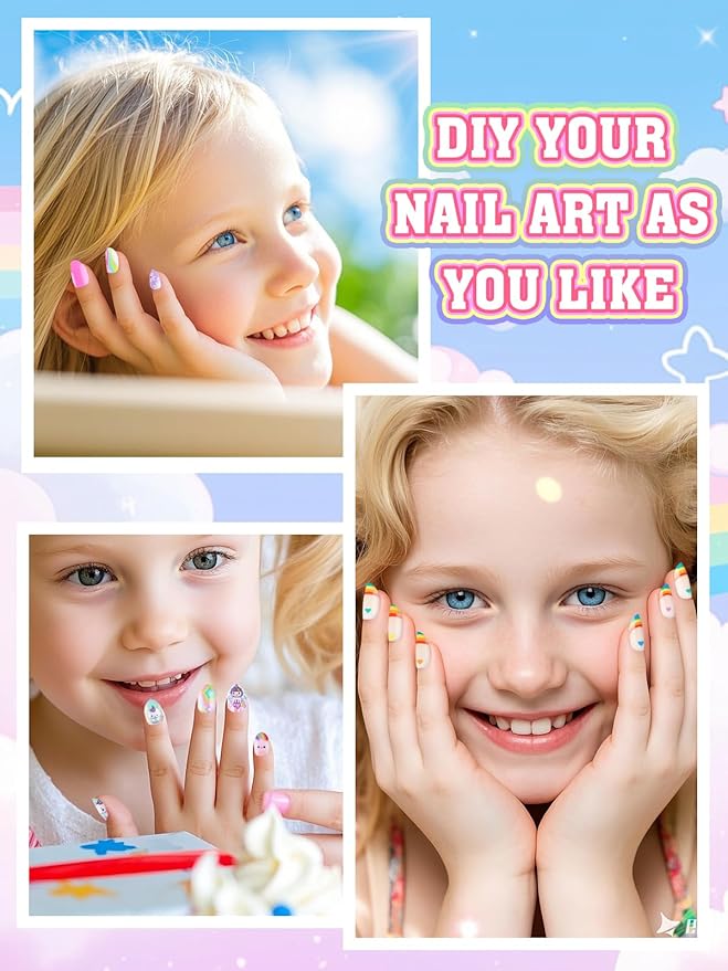 72 Pieces Press on Nails for Kids, EBANKU 3 Pack Kid Fake Nail Kit Rainbow Unicorn Star Press on Nails for Girls 7-12 Years with Jelly Nail Adhesives