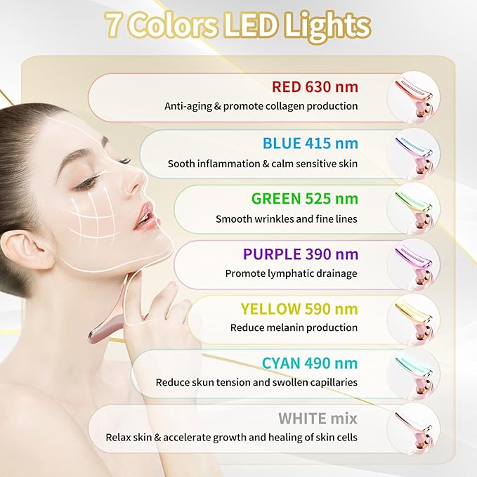 Face Light Therapy Device, Based on Triple Action LED, Thermal, and Vibration Technologies, Face and Neck Beauty Device with 7 Color LED for Home Use, Improve Skin(Glossy Pink)