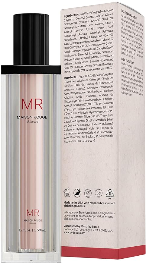 Codeage Maison Rouge Brightening Face Cream Glutathione Cream, Collagen Peptides, Vitamin E, CoQ10 – Radiance & Antioxidant Complex – Refillable – Paraben- Free – All Skin Types – 1.7 fl oz