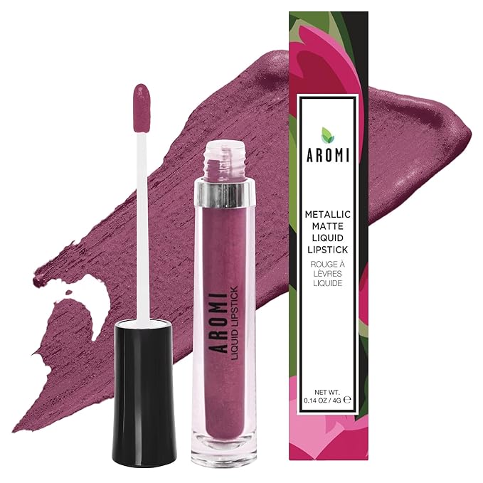 Aromi Metallic Liquid Lipstick | Chestnut Rose Lip Color with Shimmery Finish, Long-lasting + Long Wear, Mauve Shade, Waterproof, Vegan (Burgundy Quartz)