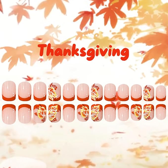 24Pcs Maple Leaf Press on Nails Fall Leaves Stick on Fingernails Glossy Orange French Tips Acrylic Fake Nail Thanksgiving Short Square False Nails Autumn Gel Glue on Nail for Coquette Women Girls