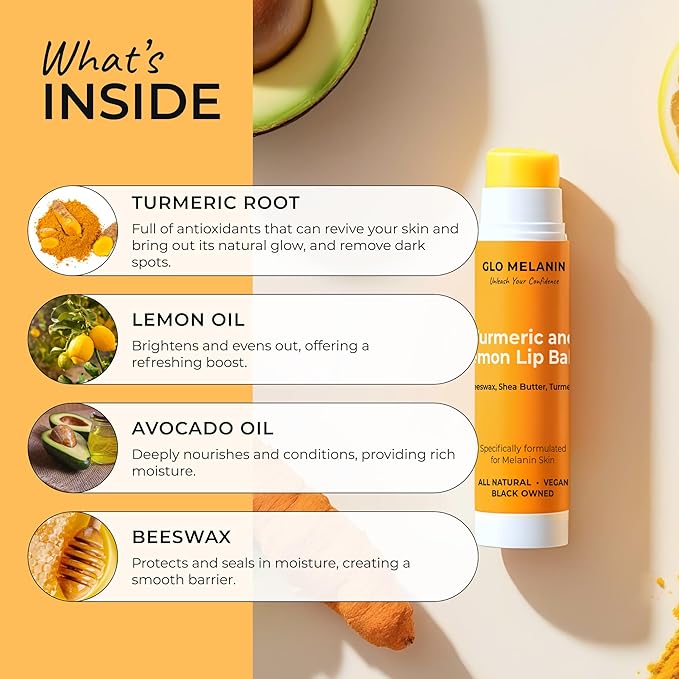 Glo Melanin All Natural Lemon and Turmeric Lip Balm - Natural Lip Balm Illuminate Your Smile, Brighten & Nourish Dark Lips Effortlessly - For Smokers Lips