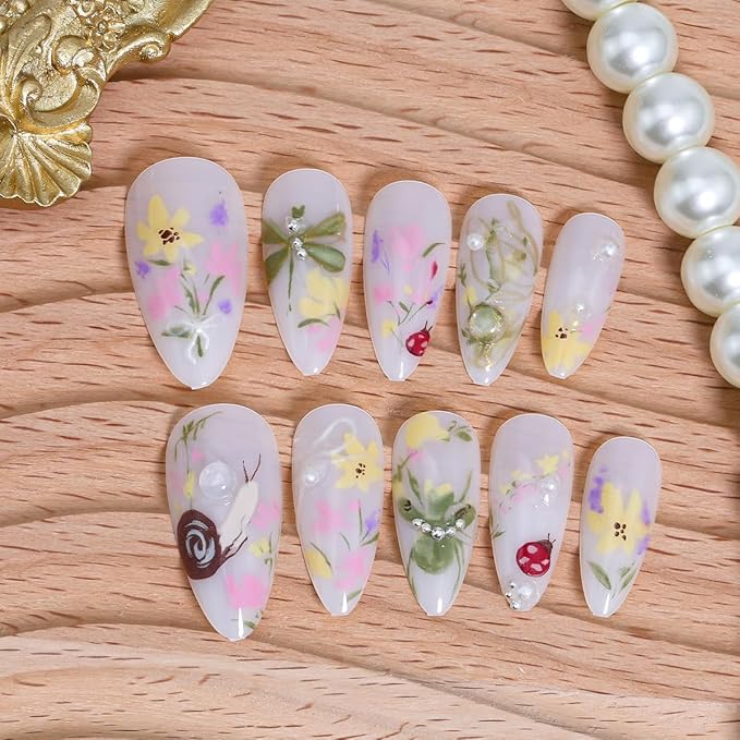 30Pcs Colorful Flower Press On Nails Medium Almond Fake Nails with 3D Water Drop Pearl Design Spring Summer Floral Gold Line False Nails Snails Dragonfly Butterfly Stick on Nails for Women