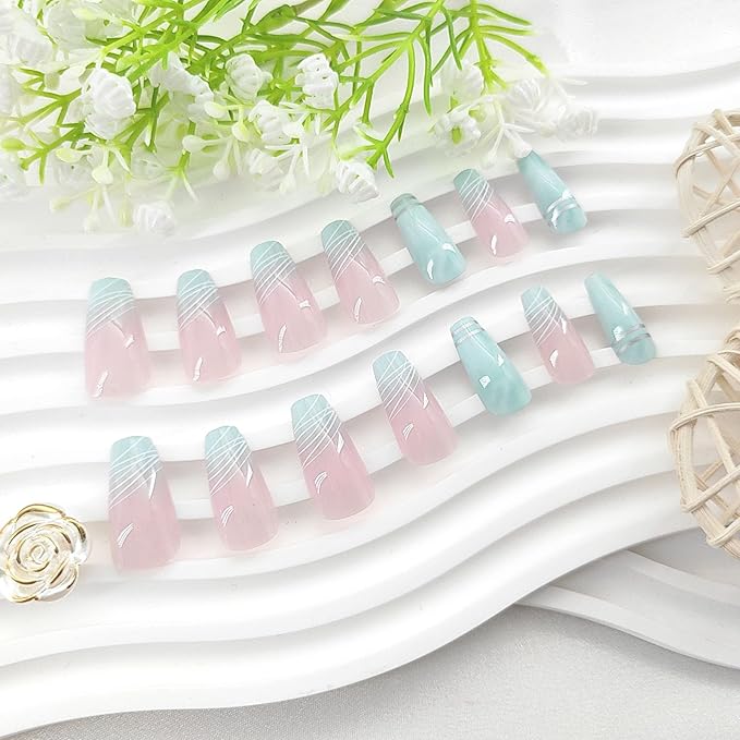 Press on Nails Coffin Medium Length Fake Nails Press ons Green French Tip Acrylic Nails White Silver Lines Glue on Nails Light Pink Full Cover Stick on Nails Artificial False Nails for Girls 24Pcs