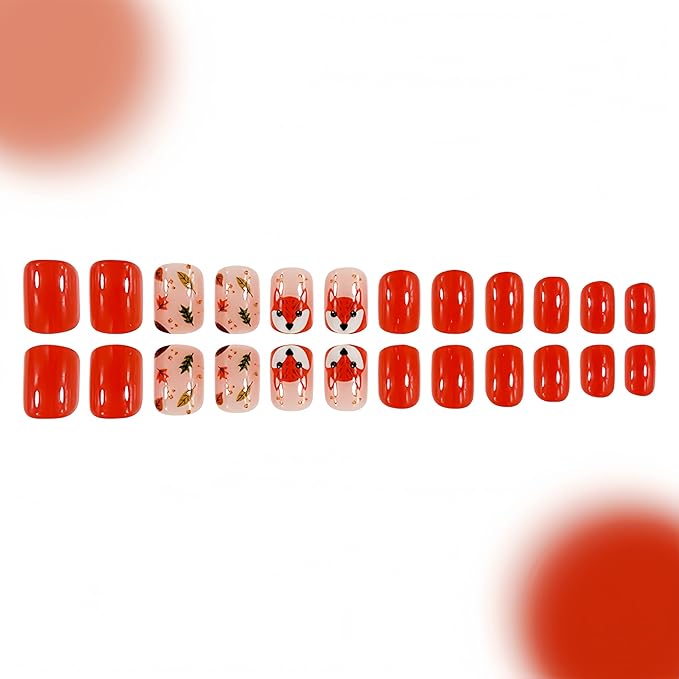 24Pcs Fall Press on Nails Short Square Fall Fake Nails with Cute Fox Maple Leaf Design Glue on Nails Orange Stick on Nails Glossy Thanksgiving Maple Leaves Full Cover Artificial Nails for Women