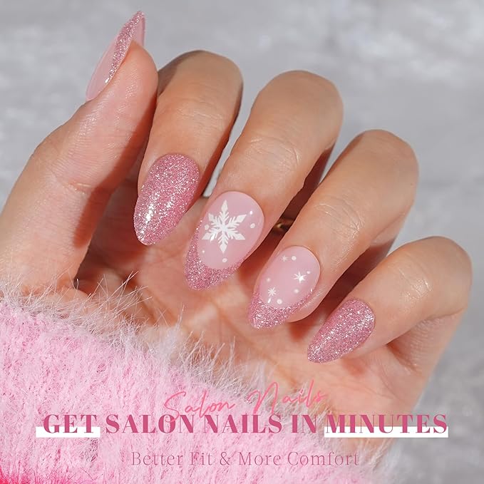 Christmas Press On Nails Almond - Jofay Fashion Pink Snowflake Glitter Press On Nails, Glossy Acrylic Fake Nails with Glue for Women, Reusable Winter Glue On Nails in 16 Sizes, 32 Pcs