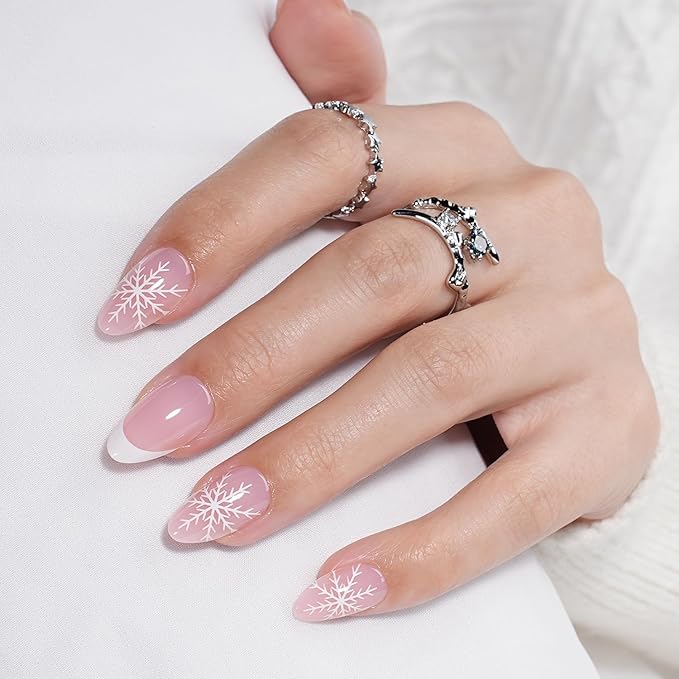 French Tip Press On Nails - Snowveil Short Almond Snowflake Nails with French Tips, Winter Press On Nails Reusable Stick On Nails in 16 Sizes, 32pcs False Nail Kit for Women & Girls