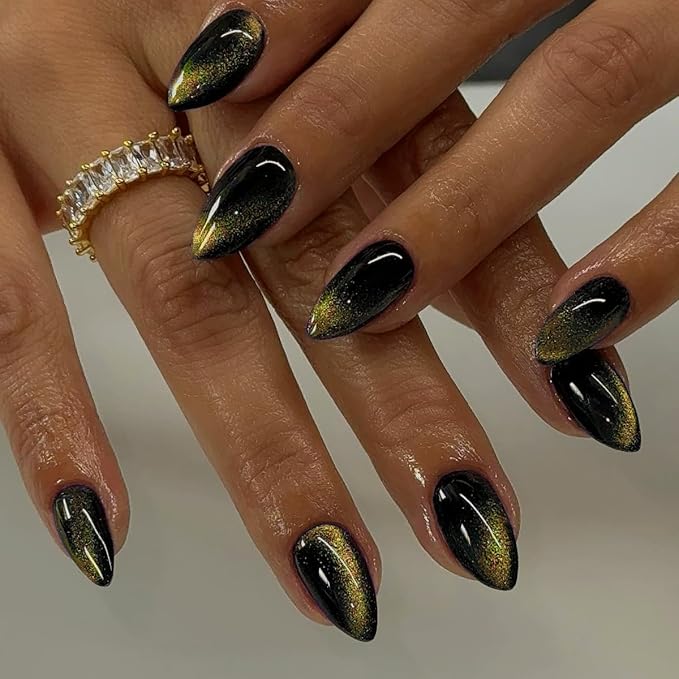 KQueenest Press On Nails Short - Gold to Black Press On Nails Almond Shape, Glitter Cat Eye Fake Nails with Nail Glue, Reusable Cute Dark Gel Glue On Nails with Color-Shifting Glow, 30 Pcs
