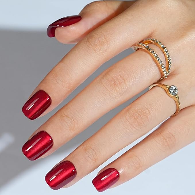 Red Press on Nails Short, Jofay Fashion Soft Gel Fake Nails, Cat Eye Press on Nails, Reusable & Natural Acrylic False Nails, Stick on Nails for Women Girls Gift, Glue on Nails Kit 32 Pcs