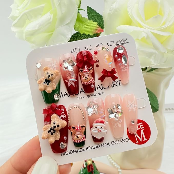 10Pcs Handmade Christmas Press on Nails Long Coffin False Nails with 3D Bear Bow Charms Design Cute Santa Claus Elk Fake Nails Reusable Full Cover Glue on Nails for Women DIY Acrylic Manicure
