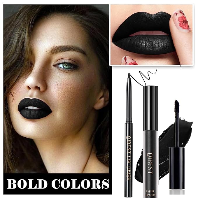 3Pcs Black Matte Liquid Lipstick,Lip Liner,Lip Gloss Trio Lip Set Waterproof Long-Lasting Moisturizing Velvety Lip Stain One Step Lips Makeup Kits Goth Makeup