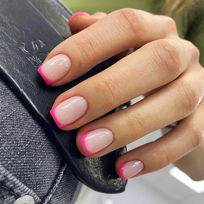 30Pcs Hot Pink French Tip Press on Nails Short Square Nails Press ons, Short Fake Nails Coffin Acrylic French Glue on Nail False for Women, Natural15 Sizes