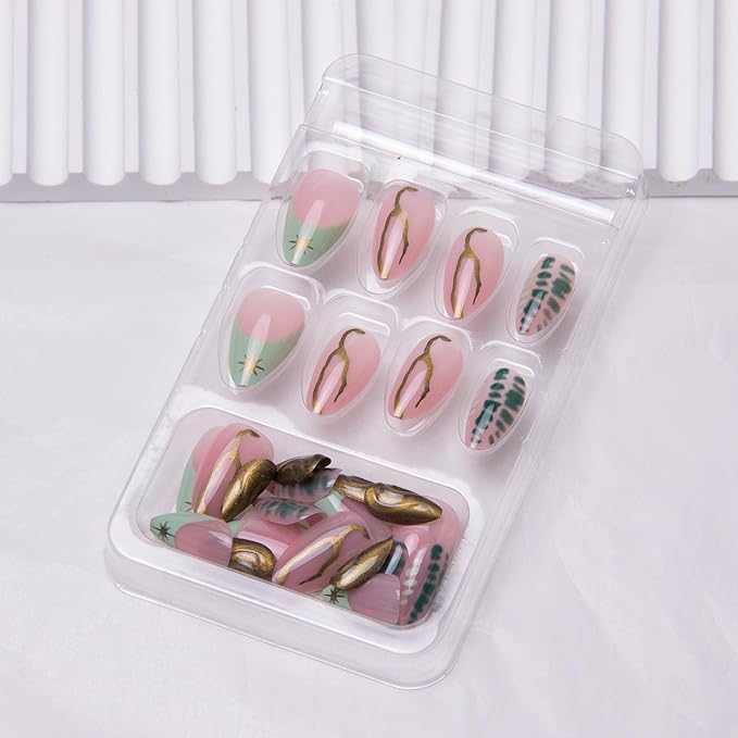 Almond Press on Nails Medium Length Fake Nails Green French Tip False Nails Gel Glue on Nails 3D Gold Curve Line Acrylic Nails Star Stick on Nails for Coquette Women Girls Manicure 24Pcs