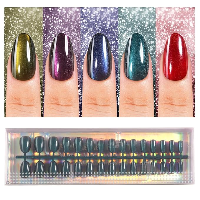 150Pcs Cat Eye Press on Nails, Plauva Short Oval Cat Eye Nail Tips, Glossy Glitter Fake Nails, Soft Gel Stick On Nails for Women and Girls 15 Sizes