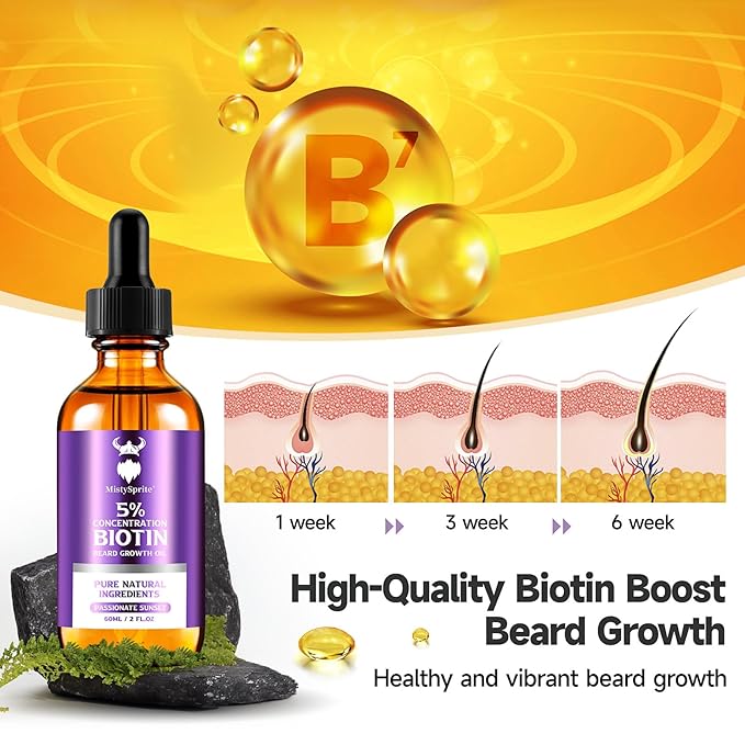 Beard Growth Oil - 5% Concentration Biotin Beard for Men (2 oz) - Natural Mens with Argan Oil, Jojoba Oil and Vitamin, Growth Softener, Moisturizer (Passionate Sunset)