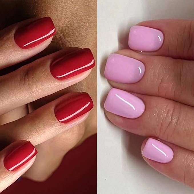 2 Packs 48Pcs Press on Nails Short Square Fake Nails Solid Color Acrylic False Nails Glossy Glue on Nails Kid Pink Red Stick on Nail for Women Girls Nail Art Decoration