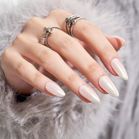 Wooyas Press on Nails Almond, Beige Magic Mirror Effect Fake Nails, White Medium Handmade Reflective Mirror Aurora Nails by Professional Manicurist, 24 Nail Kit with Jelly Glue Pad Daily Office Wear