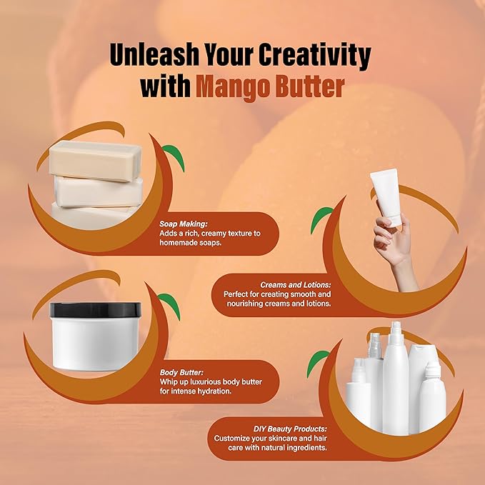 Raw Mango Butter 2 lbs. Bar - 100% Pure Natural Unrefined - Great for Skin, and Hair Growth. DIY Soap Making, Body Butters, Lotions and Creams.