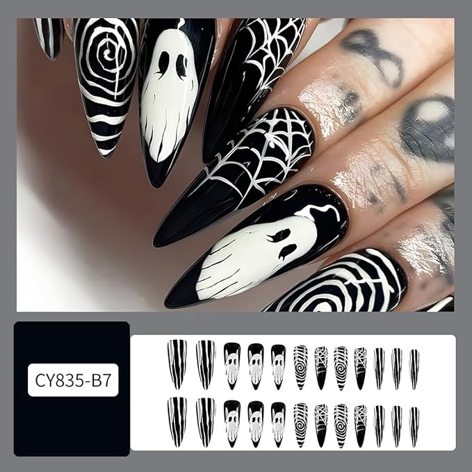 24Pcs Halloween Press on Medium Almond Goth Fake Nails White Ghost with Black Nails Full Cover Glue on Nail Reusable Spider Web False Nails Horror Stick on Nail for Women Acrylic Nail Decorations