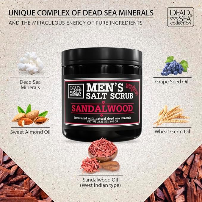 Salt Body Scrub Sandalwood For Men – Moisturizes, Exfoliates & Nourishes Skin – Cleanses & Detoxifies with Dead Sea Minerals - Dead Sea Collection – 23.28 OZ
