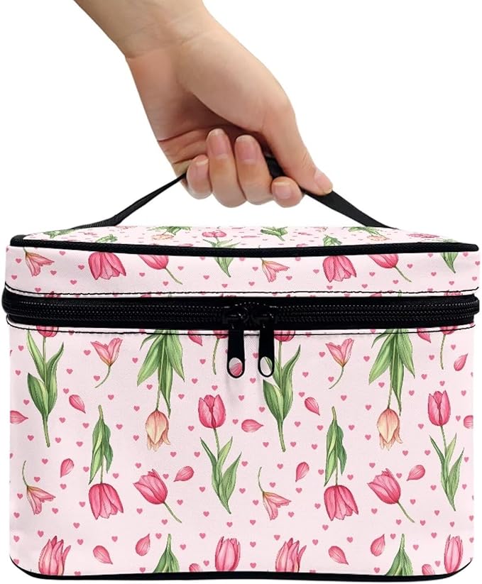 Pink Tulip Floral Heart Print Travel Makeup Bags for Women Portable Tote Cosmetic Case with Carry Handle Toiletry Accessories Storage Organizer Bags for Valentine's Day Mother's Day