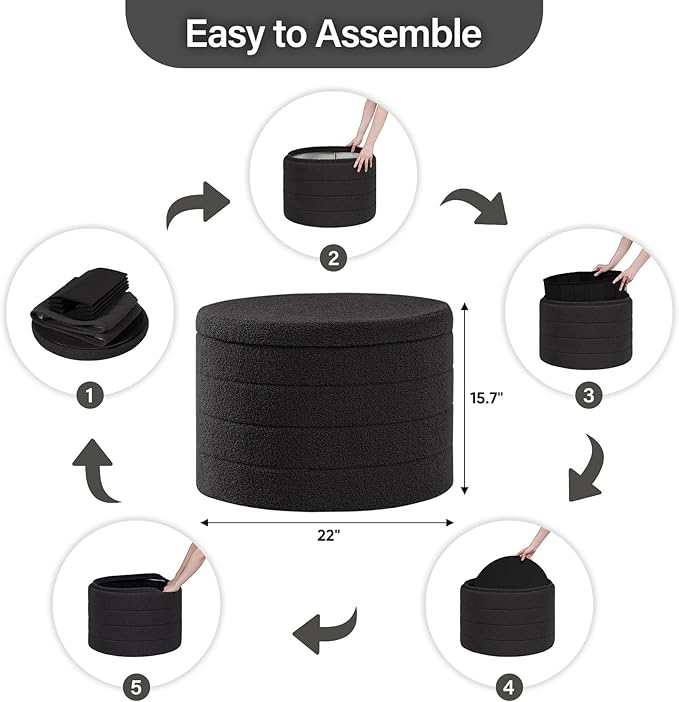 B FSOBEIIALEO Ottoman with Stroage, Round Sherpa Storage Ottoman Stool, Boucle Foot Rest22 x 22"x15.75" (Dark Grey)