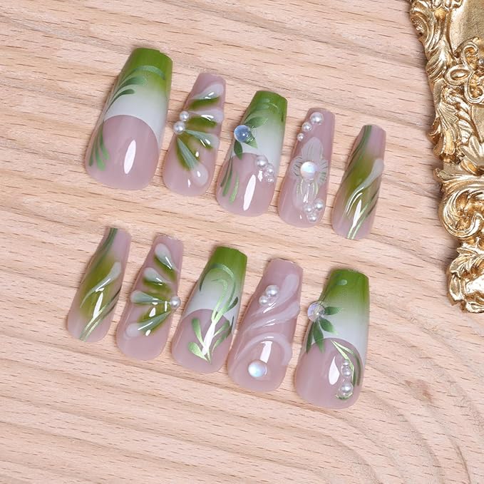 24Pcs Gradient Green Press on Nails Medium French Tip Fake Nails 3D Green Flower Glue on Nails with Pearl Rhinestones False Nails Summer Square Acrylic Nails Handmade Artificial False Nails for Women
