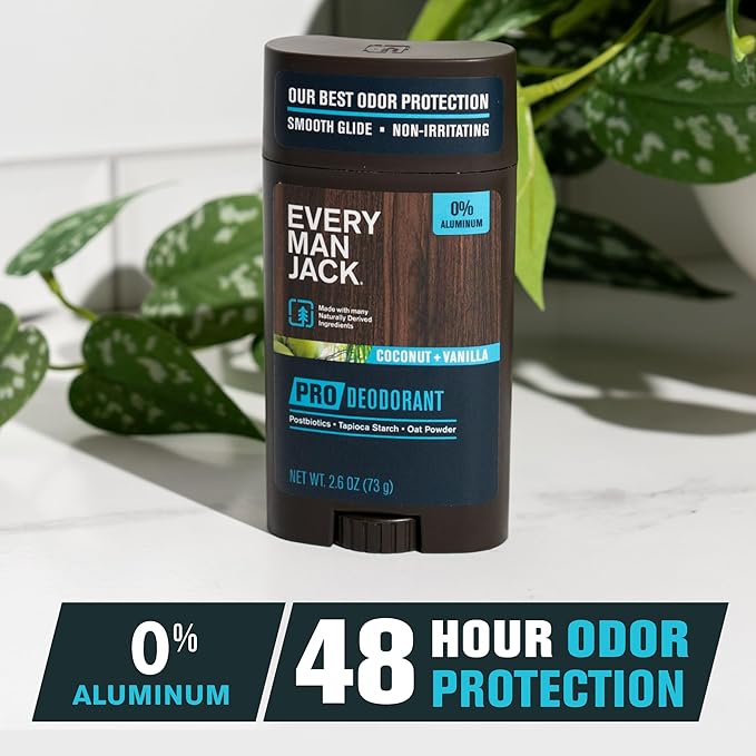 Every Man Jack Men's Pro Deodorant - 48-Hour Odor Defense Blend - Aluminum Free - Contains Postbiotics, Tapioca Stach & Oat Powder - Coconut + Vanilla Scent - 2.6 oz (1 Pack)