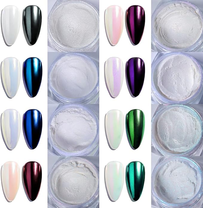 Laza White Pearl Chrome Nail Powder, 8 Colors Metallic Mirror Effect Pigment, Ice Transparent Aurora Nail Glitter Dust Kit for Gel Nail Art Decoration, Resin Craft, Gifts - Colorful White
