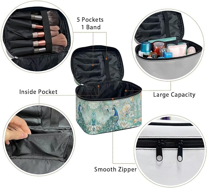 Peacock Butterfly Peony Flower Print Travel Makeup Bags for Women Portable Tote Cosmetic Case with Carry Handle Toiletry Accessories Storage Organizer Bags